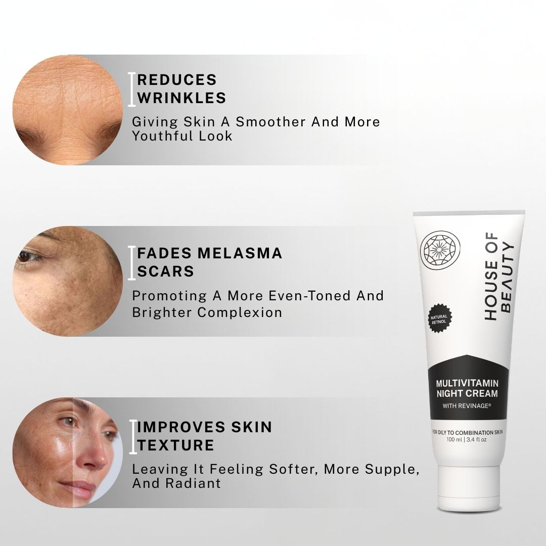 Multivitamin night cream helping reduce wrinkles, fade melasma scars and improve skin texture for brighter smoother skin.