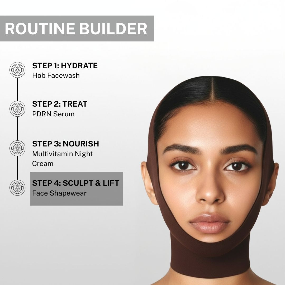 Night skincare routine using face shapewear after serum and cream to sculpt jawline and lift facial contours