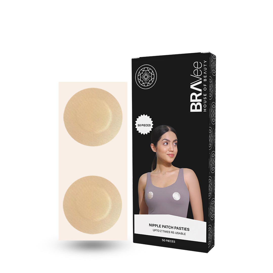 A product box for "NIPPLE PATCH PASTIES" by BRAVEE HOUSE OF BEAUTY, showing two patches next to the box. The box indicates "50 PIECES" and that the patches are "UPTO 2 TIMES RE-USABLE".