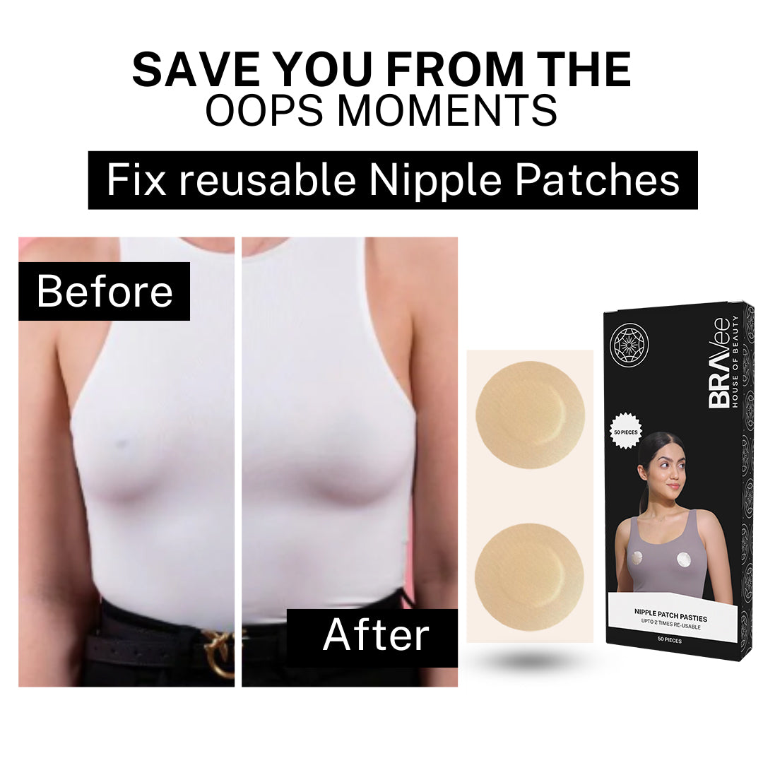 A comparison image titled "SAVE YOU FROM THE OOPS MOMENTS" and "Fix reusable Nipple Patches". The "Before" image shows a woman in a white tank top with a visible nipple, and the "After" image shows the nipple discreetly covered. The product box and two patches are also displayed.