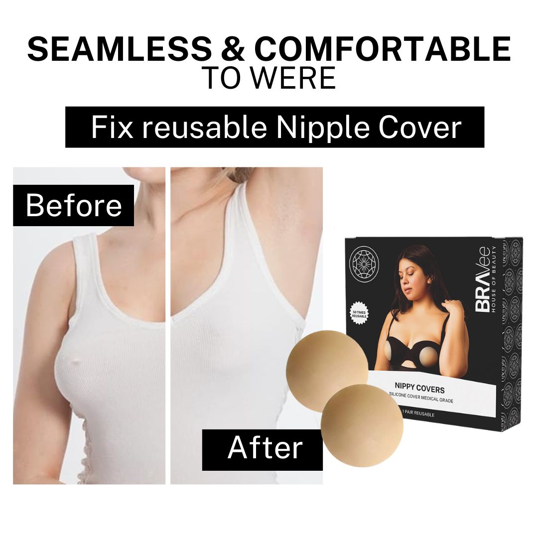 A comparison shot titled "SEAMLESS & COMFORTABLE TO WERE" and "Fix reusable Nipple Cover." The "Before" image shows a woman in a white tank top with a visible nipple, and the "After" image shows the same woman with the nipple covered. A product box and a pair of nipple covers are also shown.