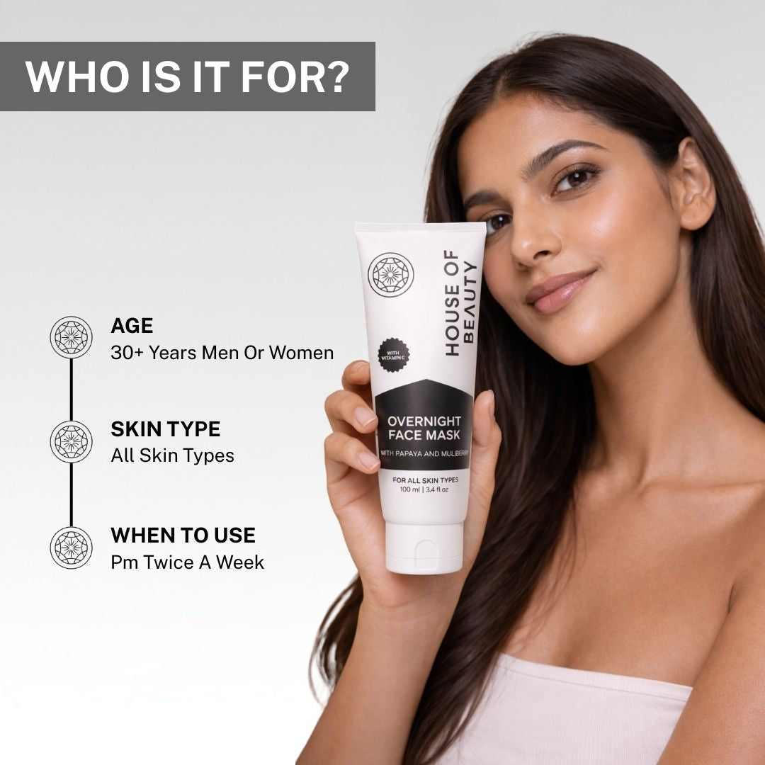 Woman holding House of Beauty Overnight Face Mask suitable for all skin types for night skincare routine twice a week.