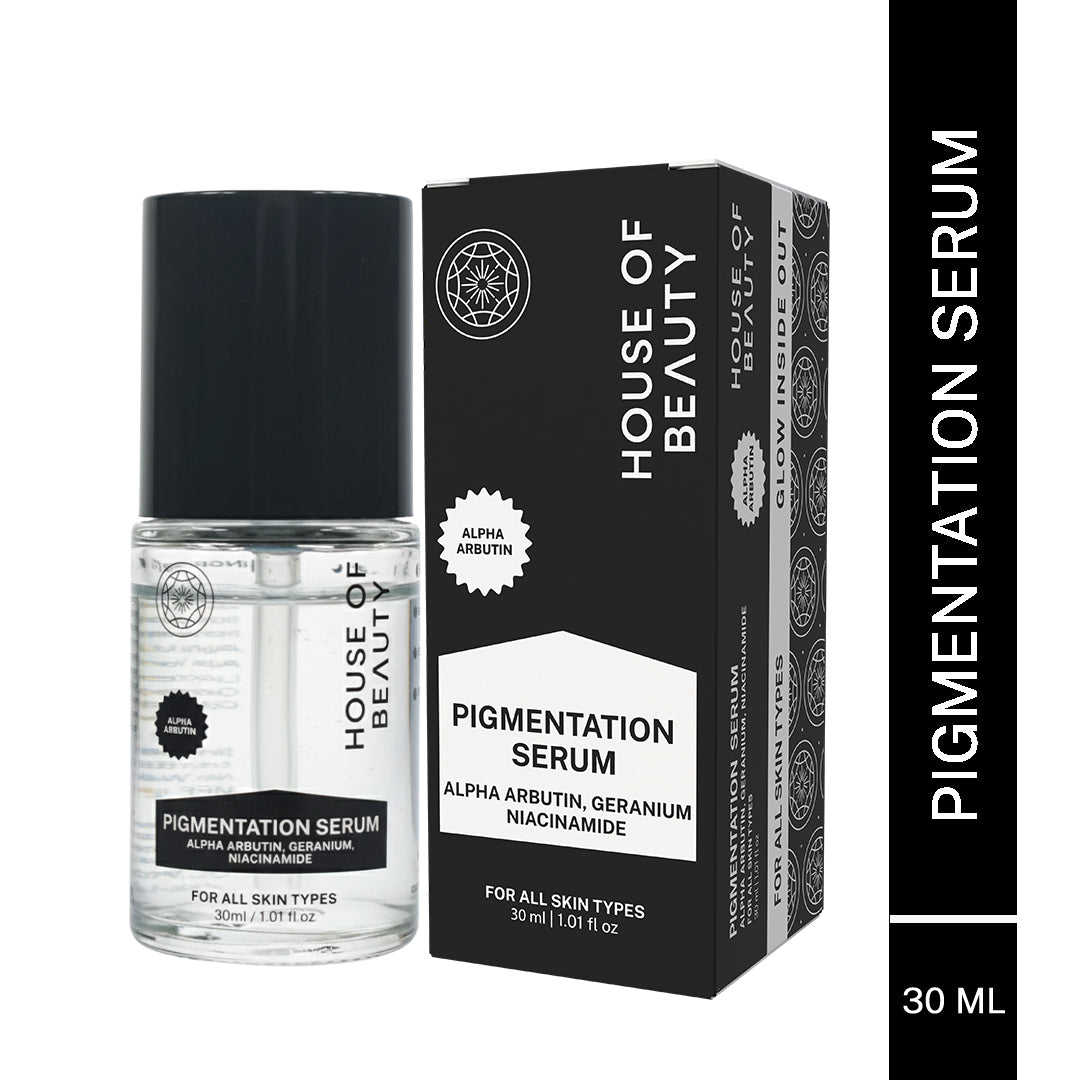 House of Beauty Pigmentation Serum bottle placed next to its black product box, labeled Alpha Arbutin Pigmentation Serum, 30 ml.”