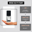 “Pigmentation Serum bottle displayed on a hand with an infographic explaining who the product is for, including age group, pigmented skin types, and AM/PM usage.”