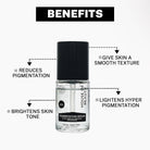 “Pigmentation Serum bottle centered with arrows pointing to benefits such as reducing pigmentation, brightening skin tone, smoothing skin texture, and lightening hyperpigmentation.”