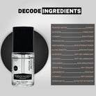 “Pigmentation Serum bottle next to a decoded ingredients list detailing purified water, glycerin, vitamin C, niacinamide, alpha arbutin, plant extracts, and antioxidants.”