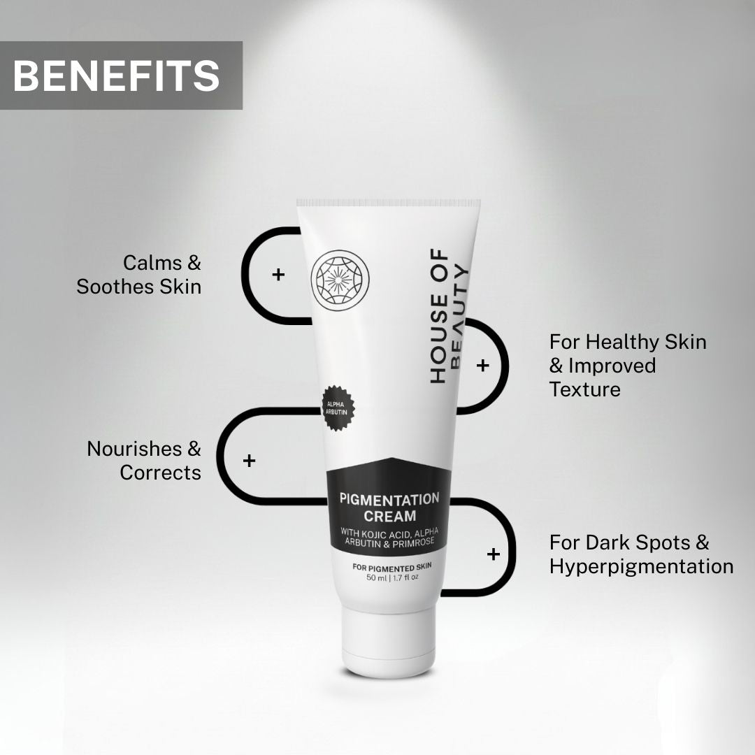 Pigmentation Face Cream benefits showing soothing skin, improved texture, nourished skin and treatment for dark spots and hyperpigmentation.
