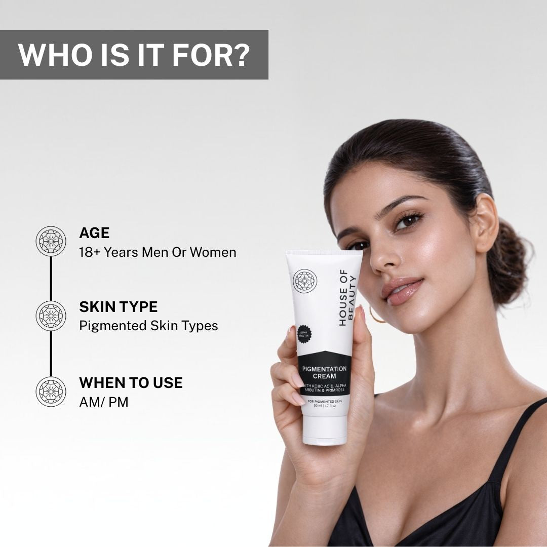 Woman holding House of Beauty Pigmentation Cream suitable for men and women aged 18 plus for pigmented skin types.