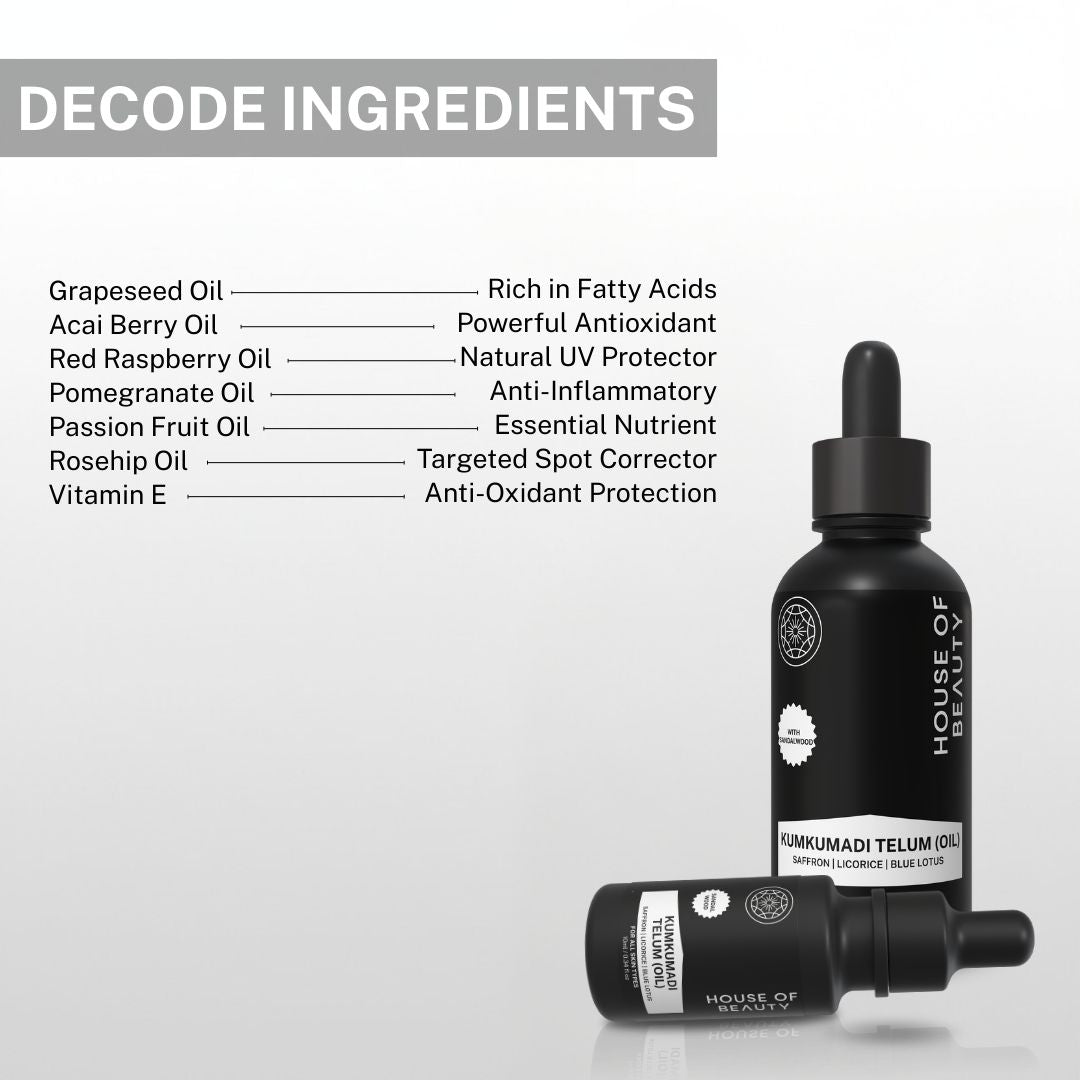 Ingredient list of Pigmentation Face Oil including grapeseed oil, acai berry oil, red raspberry oil, pomegranate oil, rosehip oil and vitamin E.