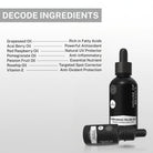 Ingredient list of Pigmentation Face Oil including grapeseed oil, acai berry oil, red raspberry oil, pomegranate oil, rosehip oil and vitamin E.