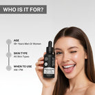 Woman holding House of Beauty Pigmentation Face Oil, suitable for men and women 18+, for all skin types, AM and PM use.