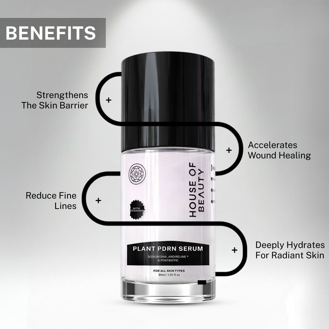 Plant PDRN Serum highlighting benefits including strengthening skin barrier, reducing fine lines, accelerating healing, and deeply hydrating for radiant skin.