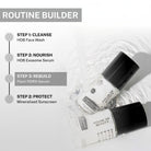 Plant PDRN Serum displayed in water with routine steps including cleanse, nourish, rebuild and protect with mineral sunscreen.