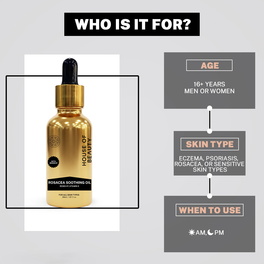 An infographic titled "WHO IS IT FOR?" detailing the target audience for the gold oil bottle