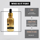 An infographic titled "WHO IS IT FOR?" detailing the target audience for the gold oil bottle
