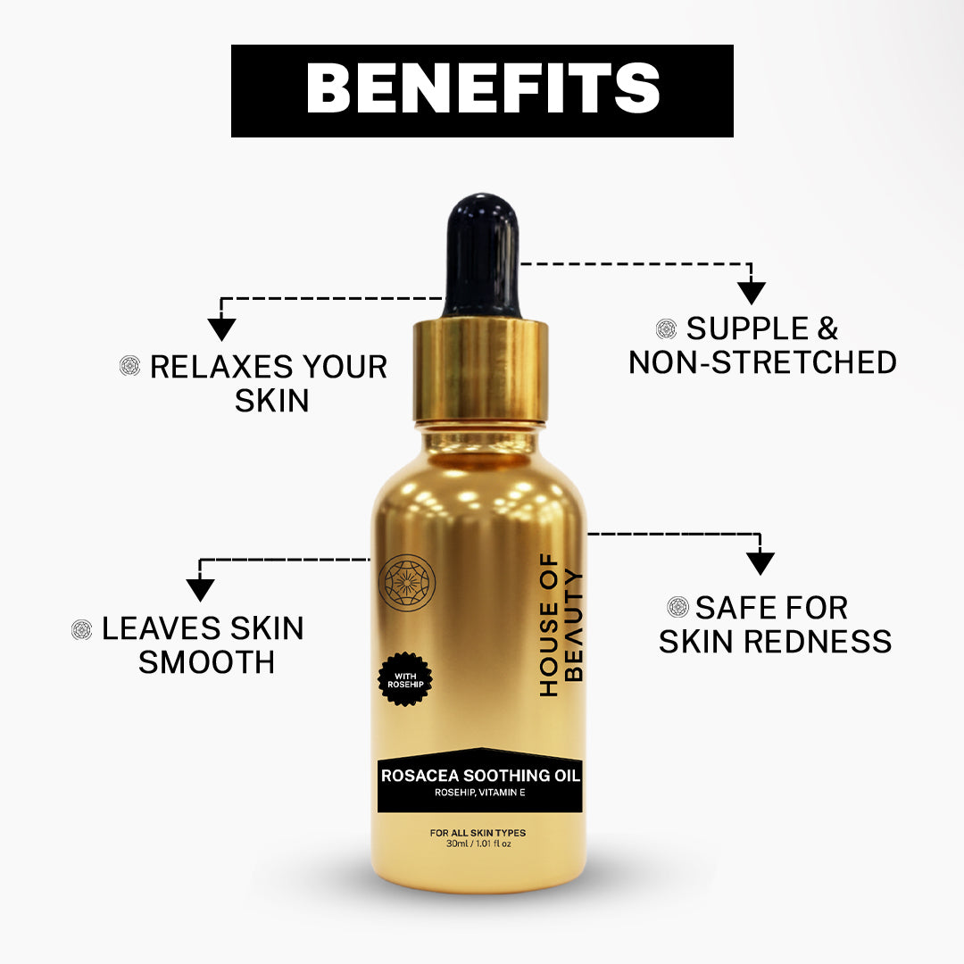 A product infographic titled "BENEFITS" with a central gold oil bottle. Four arrows point to key claims: "Relaxes your skin," "Supple & non-stretched," "Leaves skin smooth," and "Safe for skin redness."