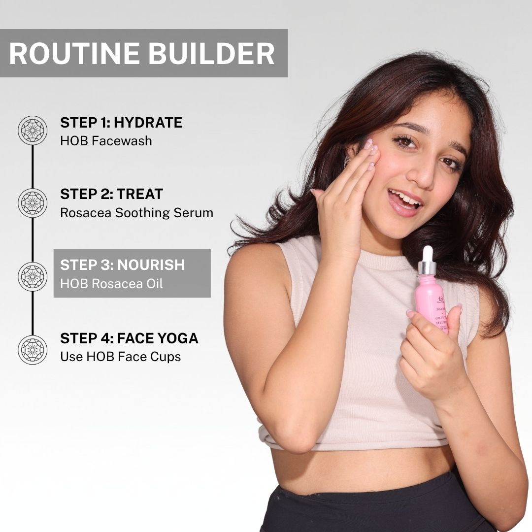 rosacea skincare routine with facewash soothing serum and oil for calming irritated sensitive skin