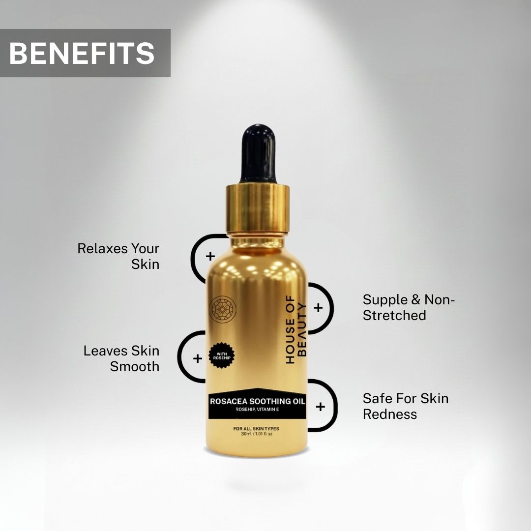 Benefits of House of Beauty Rosacea Soothing Oil showing relaxation for skin, smoother texture, improved elasticity and soothing redness.