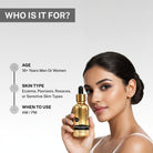 Woman holding House of Beauty Rosacea Soothing Oil suitable for eczema, psoriasis, rosacea and sensitive skin types for AM and PM use.