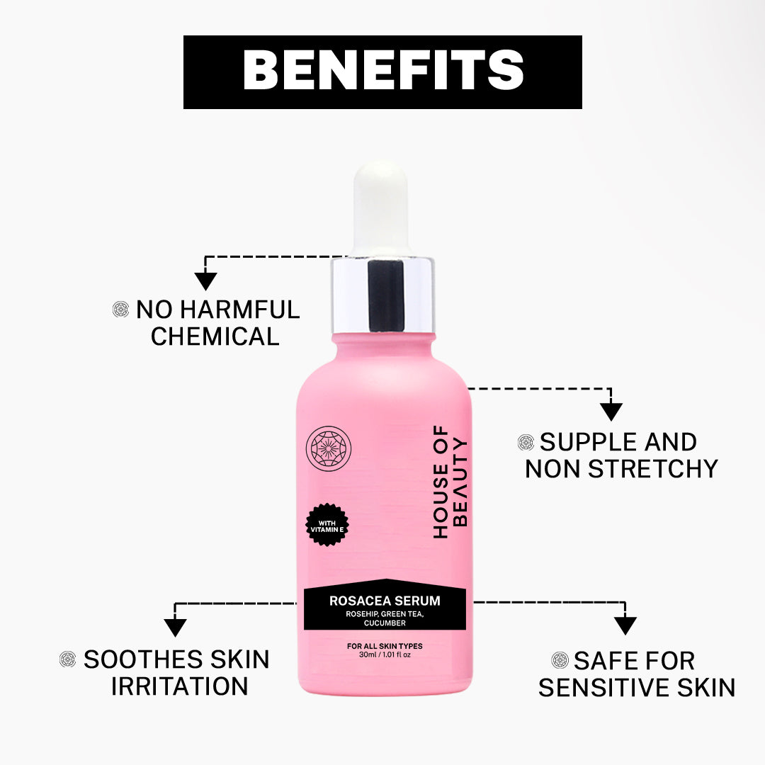 An infographic titled "BENEFITS" surrounding the serum bottle