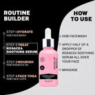 A split-design graphic. The left side, "ROUTINE BUILDER," shows a 4-step process: 1. Hydrate (Facewash), 2. Treat (Rosacea Serum), 3. Nourish (Rosacea Oil), 4. Face Yoga (Face Cups). The right side, "HOW TO USE," instructs to wash the face, apply half a dropper of serum, and massage.