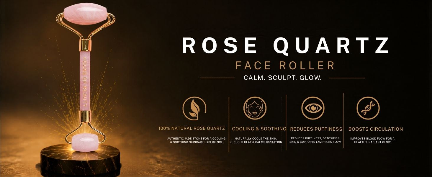 House of Beauty Rose Quartz Face Roller made from natural rose quartz stone to reduce puffiness, promote lymphatic drainage, improve circulation, and soothe the skin for a refreshed, radiant complexion.