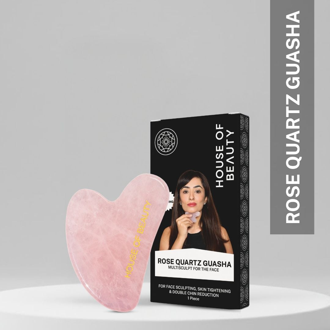 rose quartz gua sha facial tool with packaging for face sculpting skin tightening and lymphatic drainage