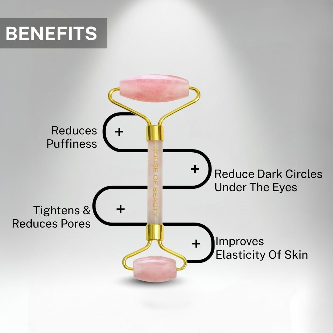 rose quartz roller benefits reduces puffiness dark circles tightens pores improves elasticity glowing skin