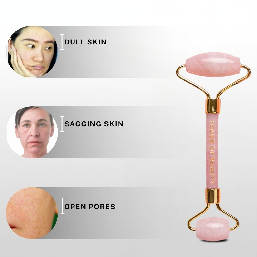rose quartz roller for dull skin sagging skin open pores improves skin texture and glow