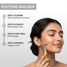 Model using 24K Face Massager on cheek as part of collagen skincare routine builder steps for lifting and toning.