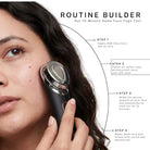 Woman using Sculpt Lift Pro™ with aloe vera gel during a 15-minute at-home facial lifting routine using microcurrent and LED therapy.