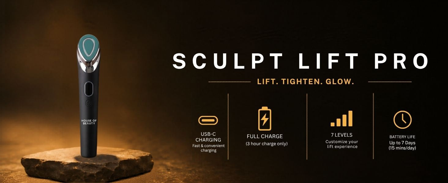 Sculpt Lift Pro microcurrent and 7-color LED face lifting device with USB-C fast charging, 7 intensity levels, 3-hour full charge, and up to 7 days of battery life.