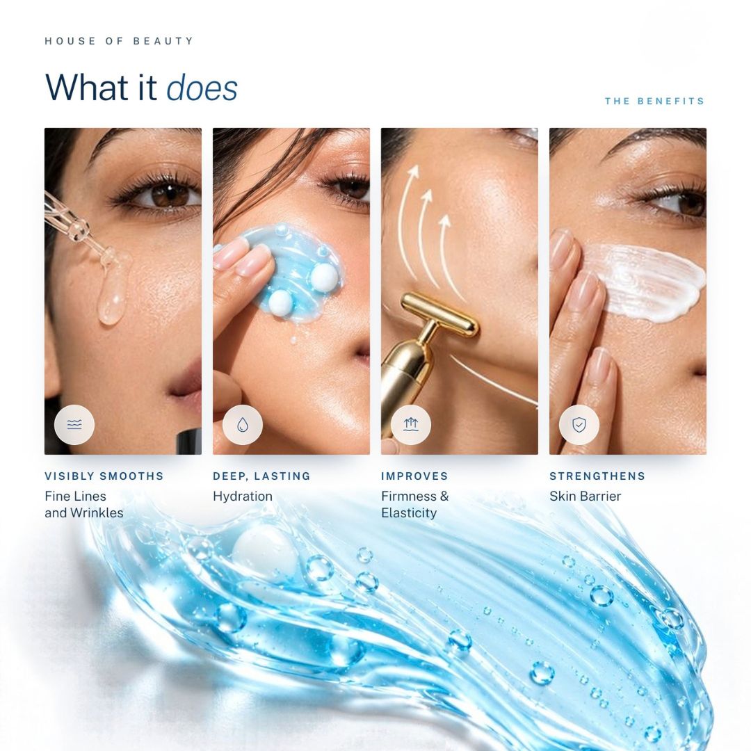Blue gel with white capsules highlighting hydration, fine line smoothing, firmness and skin barrier support.