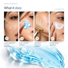 Blue gel with white capsules highlighting hydration, fine line smoothing, firmness and skin barrier support.