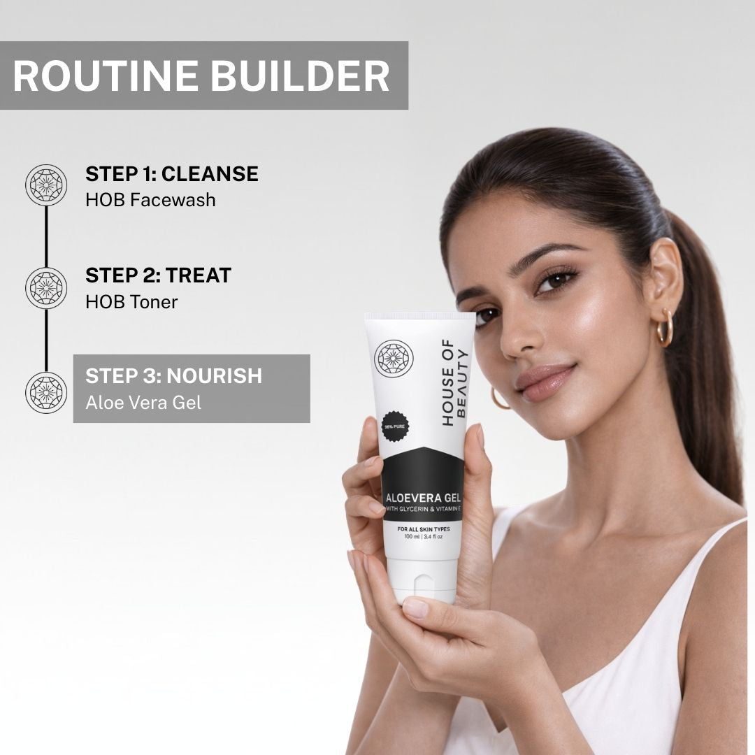 Skincare routine showing cleanser, toner and aloe vera gel moisturizer for hydrated and glowing skin.