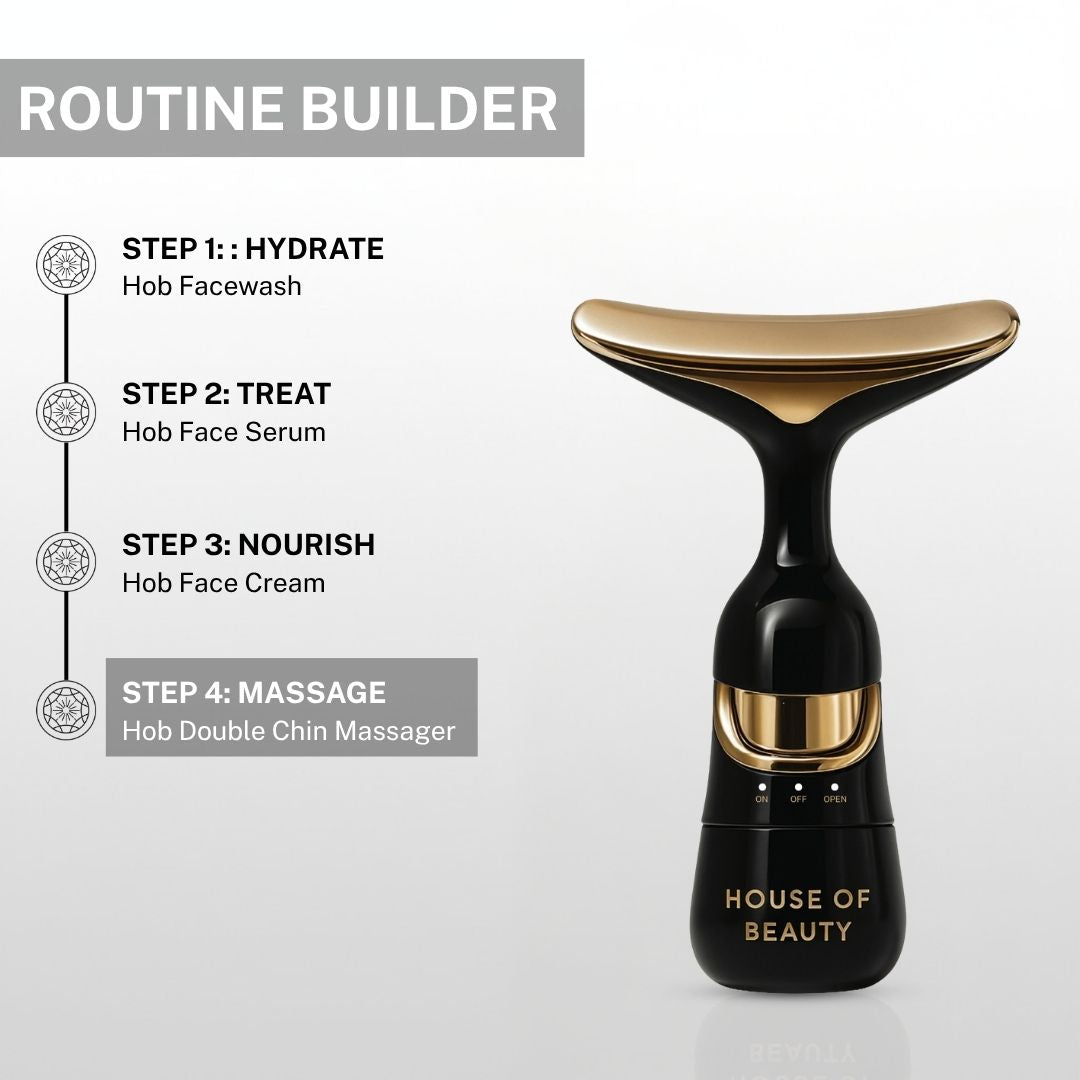 Face skincare routine using double chin massager after serum and cream for lifting and sculpting facial contours