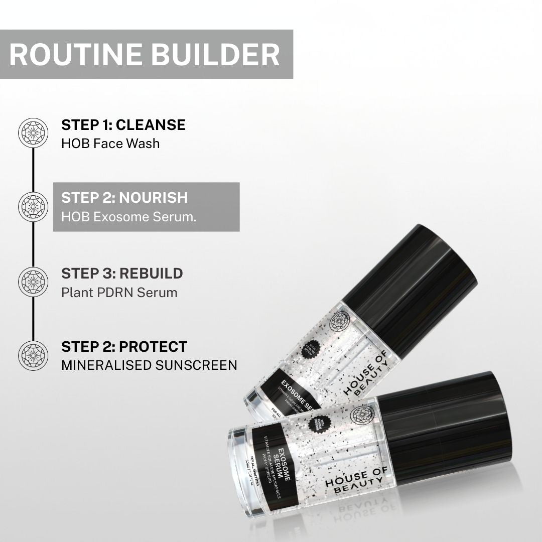 Daily skincare routine using House of Beauty exosome serum after cleansing and before sunscreen for skin nourishment and repair.
