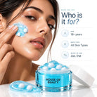 Woman applying blue UNAGE Capsule Cream with white capsules, suitable for ages 18+ and AM/PM use.