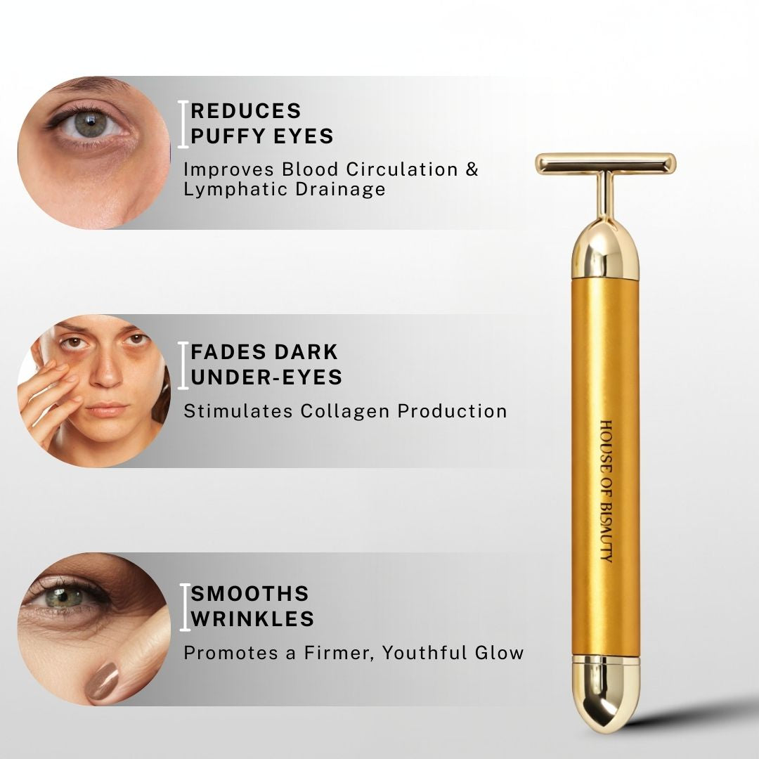 24K Face Massager highlighting benefits including reduced puffy eyes, faded dark circles, improved circulation, and smoother wrinkles.