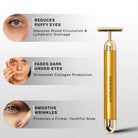 24K Face Massager highlighting benefits including reduced puffy eyes, faded dark circles, improved circulation, and smoother wrinkles.