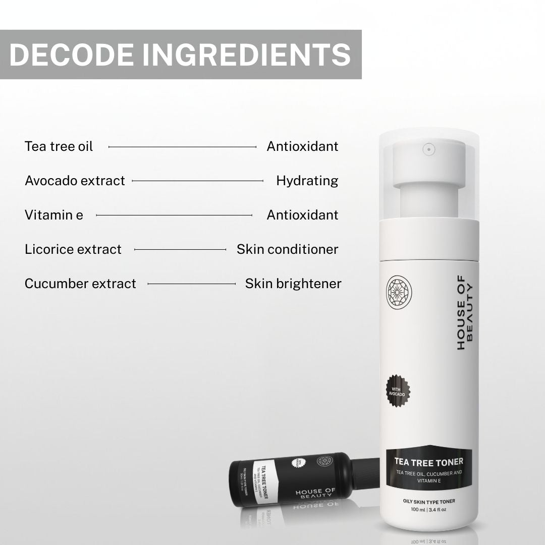 Ingredient breakdown of House of Beauty Tea Tree Toner listing tea tree oil, avocado extract, vitamin E, licorice extract, and cucumber extract with their skincare benefits.
