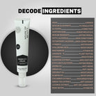 Decode Ingredients" graphic for House of Beauty Under Eye Cream. Lists key ingredients and their functions, including Hyaluronic Acid (Moisturizer), Niacinamide (Vitamin B3), Juveneye-R (Plant Peptide), and various oils like Jojoba and Almond (Moisturizers/Anti-Aging).