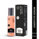 House of Beauty Under Eye Serum (15ml) bottle and packaging box. Contains Juveneye Peptide, Vitamin C, and Niacinamide, targeting dark circles. Includes a routine builder guide on the box.