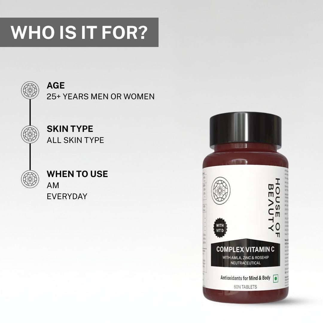 Informational graphic showing House of Beauty Complex Vitamin C tablets suitable for men and women aged 25+, all skin types, for daily morning use.