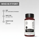 Informational graphic showing House of Beauty Complex Vitamin C tablets suitable for men and women aged 25+, all skin types, for daily morning use.