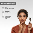 Woman holding a House of Beauty derma roller with text explaining suitability for men and women aged 18+ with skin concerns and recommended use twice a week at night.