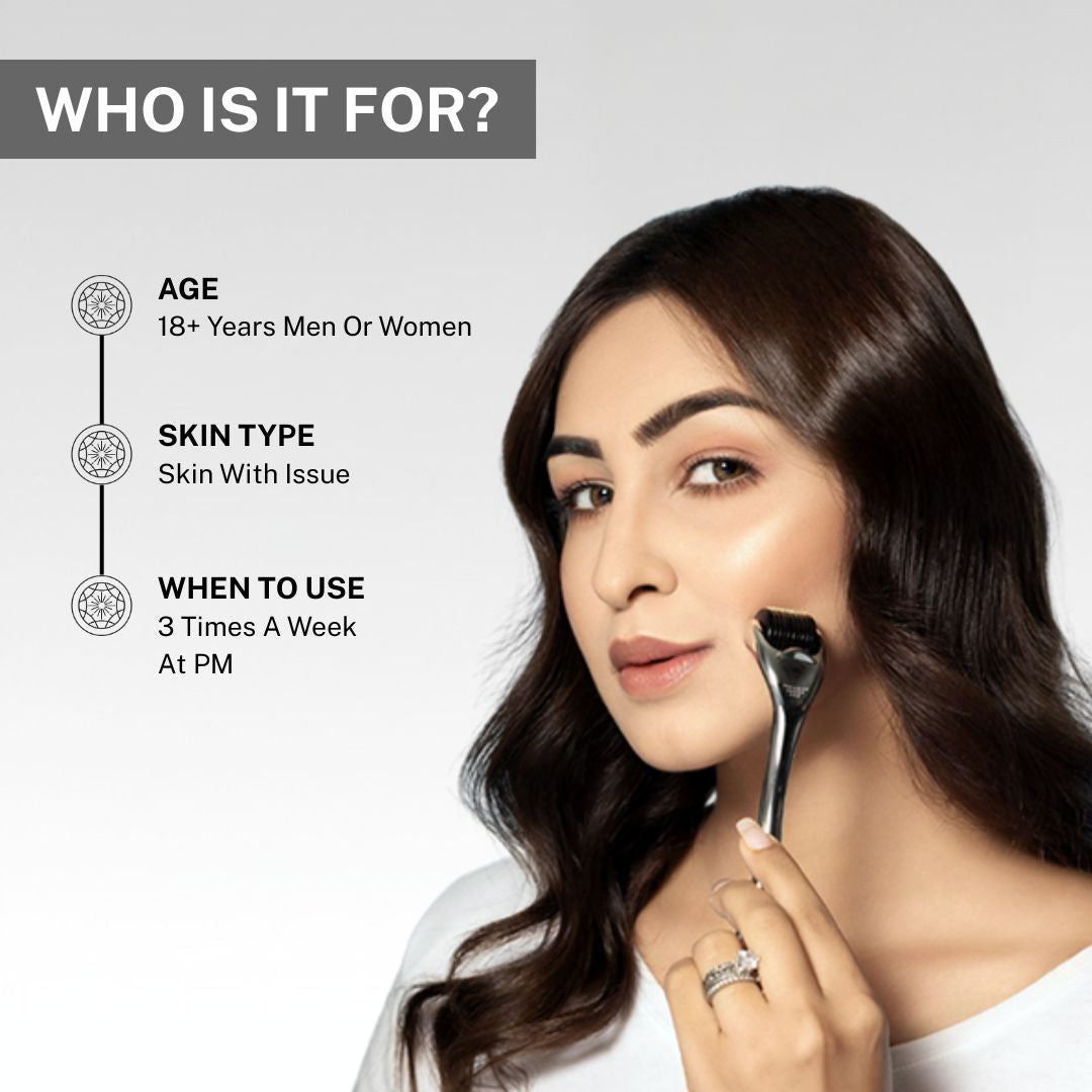 Woman using a 0.75mm derma roller with text explaining suitability for men and women aged 18+ with skin concerns and recommended use three times a week at night.
