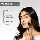 Woman using a 0.75mm derma roller with text explaining suitability for men and women aged 18+ with skin concerns and recommended use three times a week at night.