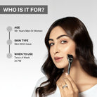 Woman using the House of Beauty derma roller with text describing suitability for men and women aged 18+ with skin concerns and recommended use twice a week at night.