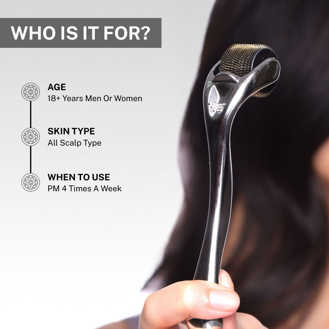 Close-up of a 1.0mm derma roller held near hair with text explaining suitability for men and women aged 18+ with all scalp types and recommended use four times a week at night.